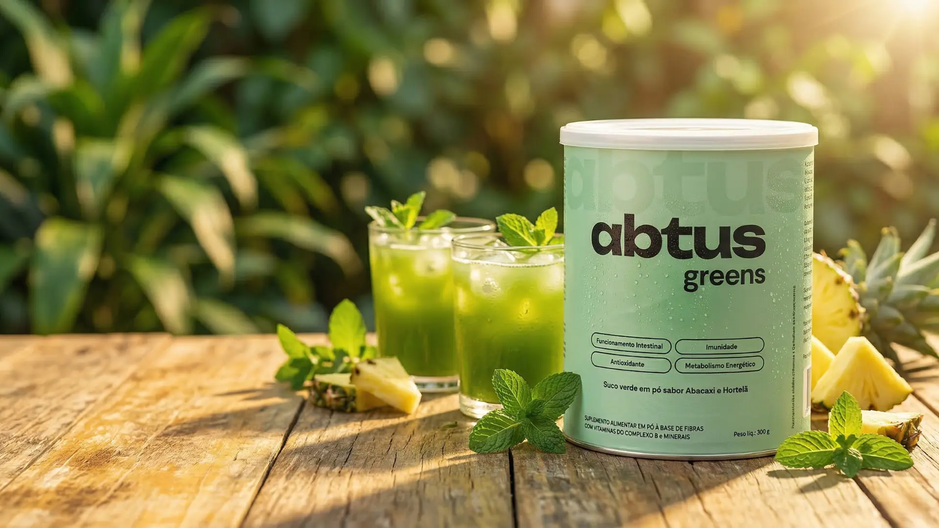 Abtus Greens — suco verde em pó em cenário tropical com frutas e natureza